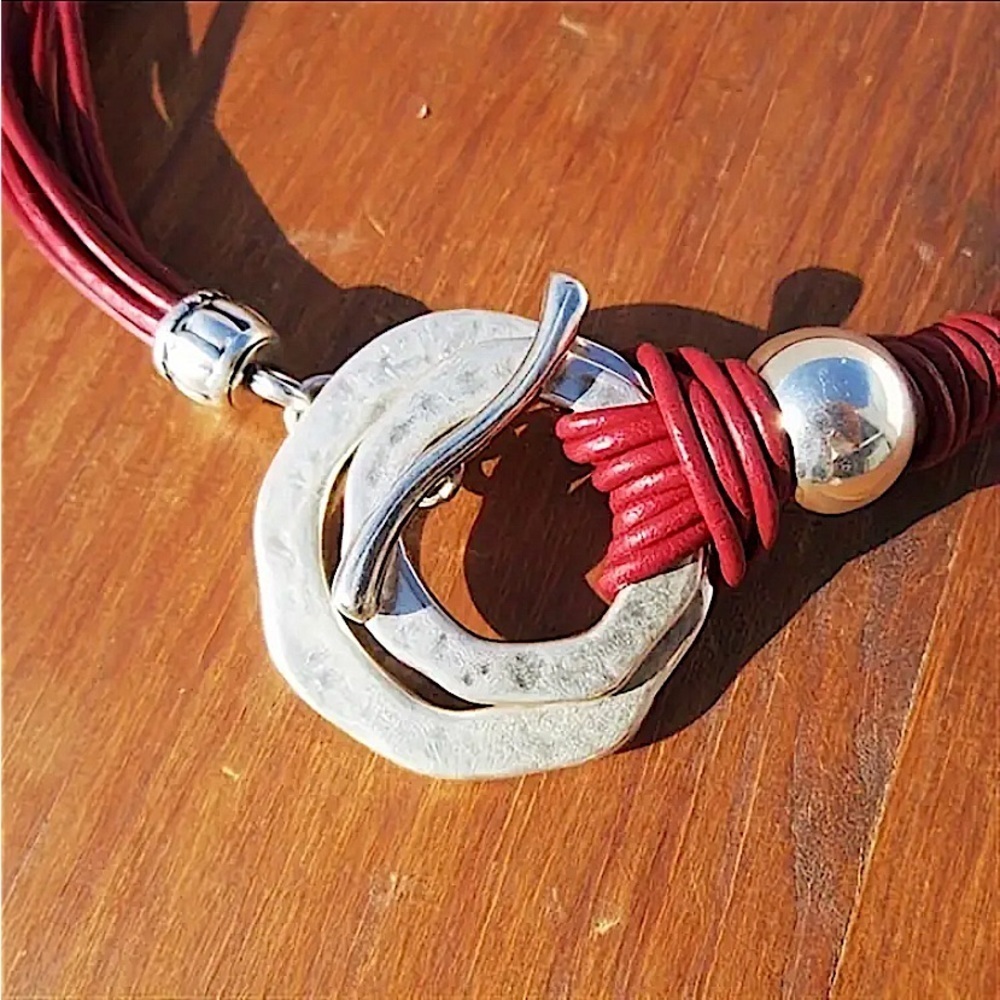 Bohemian Silver Hammered Statement Toggle Necklace, Tribal, Boho - Picture 3 of 5